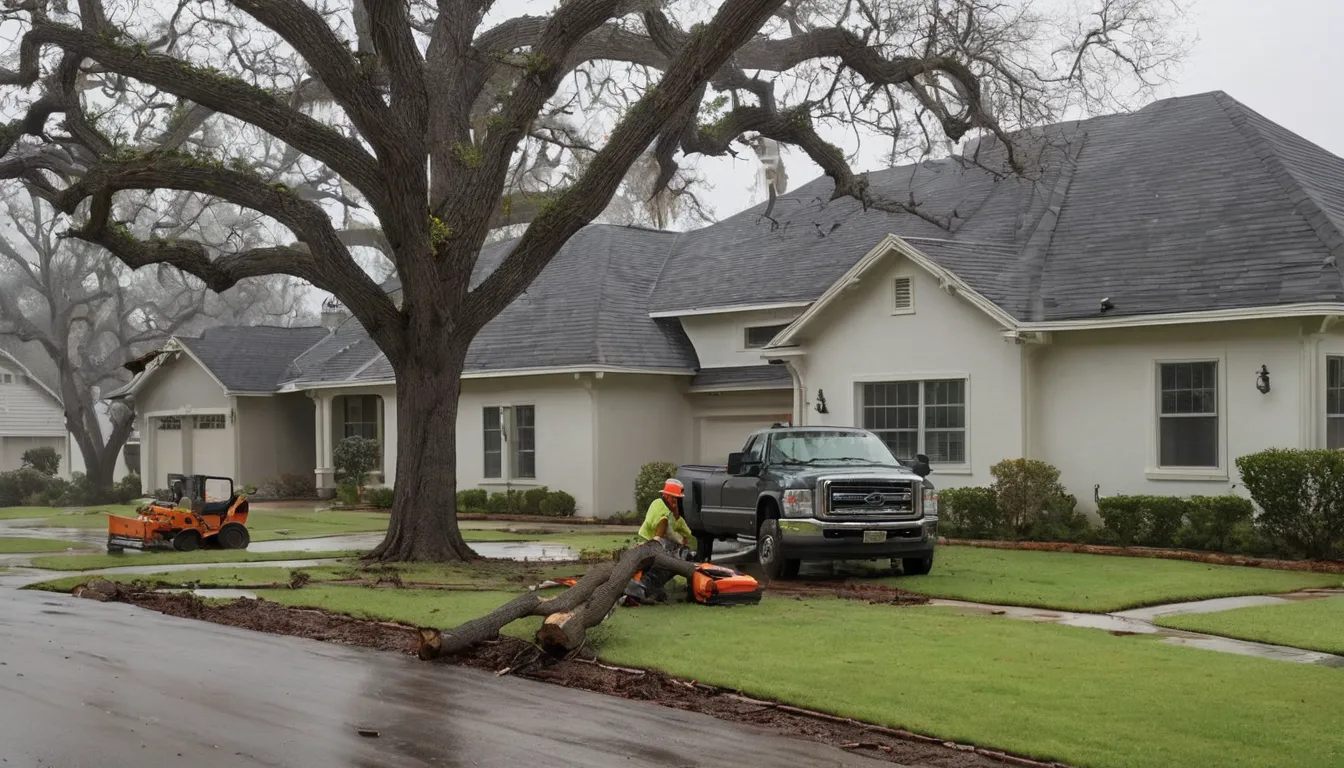 A local tree removal provider clearing a fallen tree from a stucco ranch home in Placerville