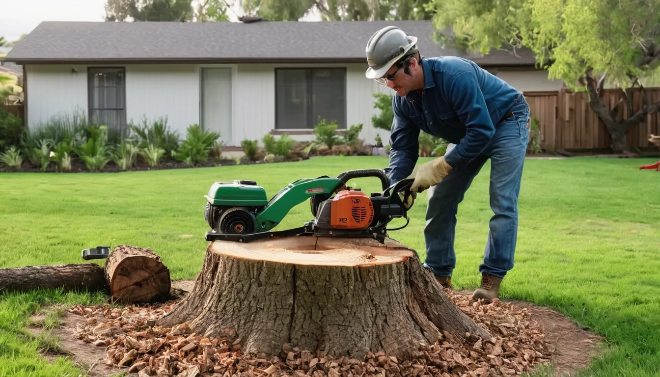 Stump grinder cutting an old tree stump in a Placerville backyard